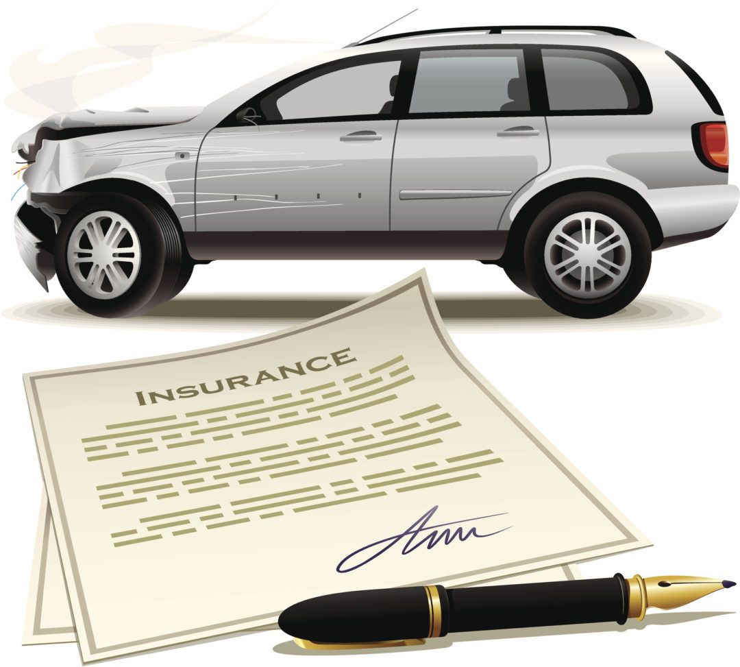Damaged vehicle with insurance papers and pen Auto Body Repair